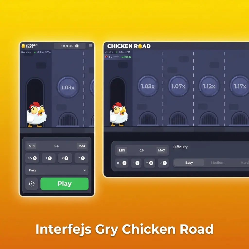 Minimalistyczny interfejs gry Chicken Road z polem stawki, przyciskiem Cashout i torem kurczaka z mnożnikiem